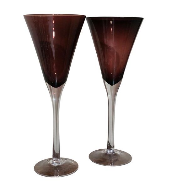 2 Pottery Barn Burgundy Wine Goblet 9" Blown Glass Clear Stem vtg tulip style - Picture 2 of 6